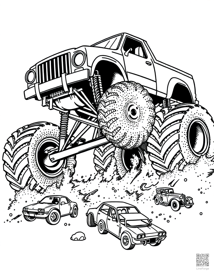 monster truck crushing smaller cars coloring page Stipple style - free printable