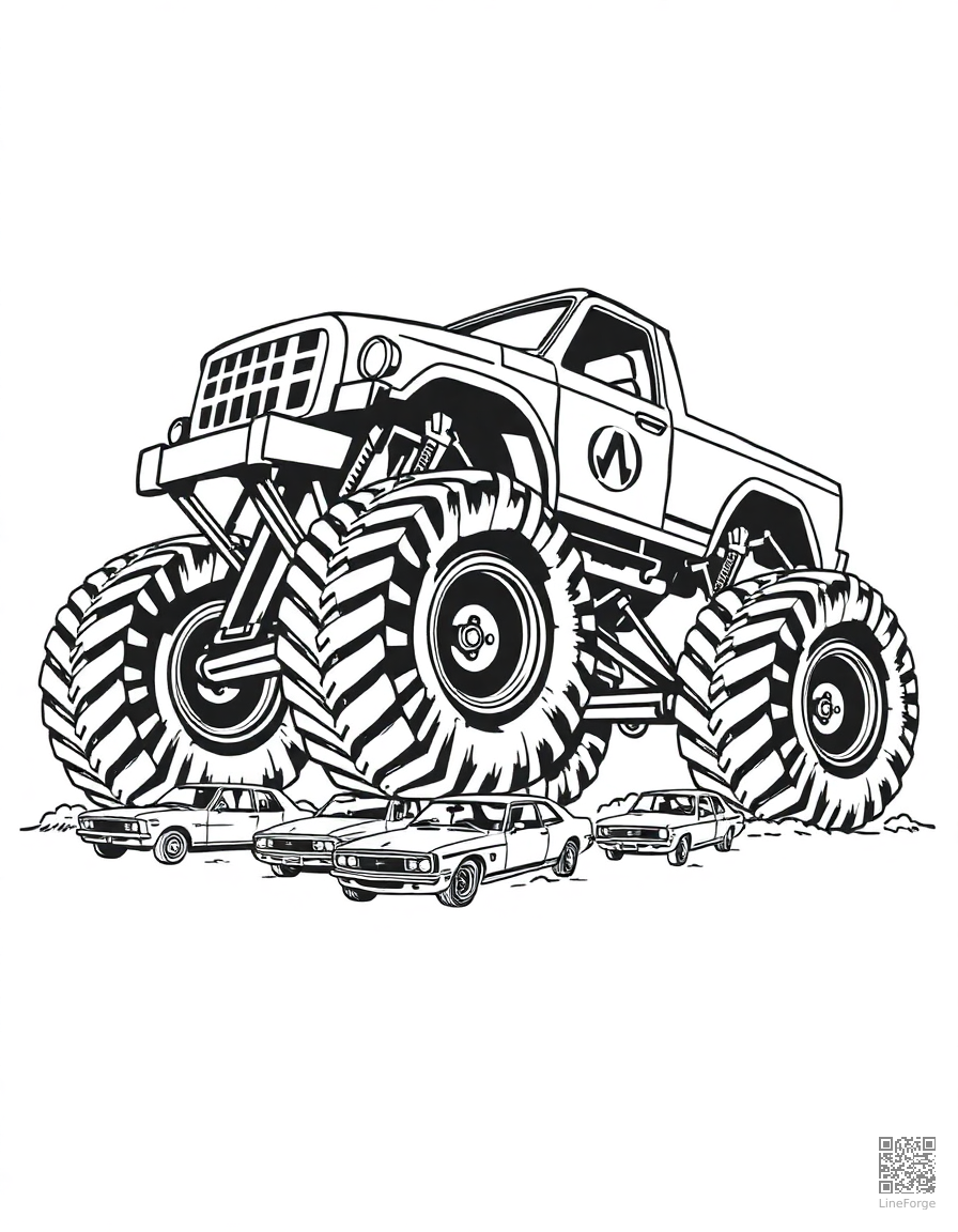 monster truck crushing smaller cars coloring page Woodcut style - free printable
