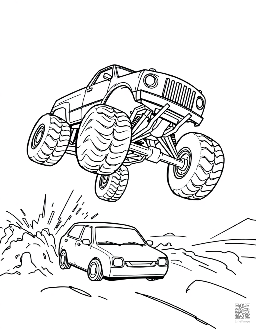 Monster truck jumping over cars coloring page Contour style - free printable