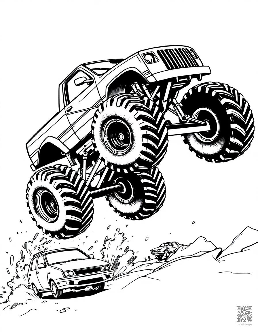 Monster truck jumping over cars coloring page Crosshatch style - free printable
