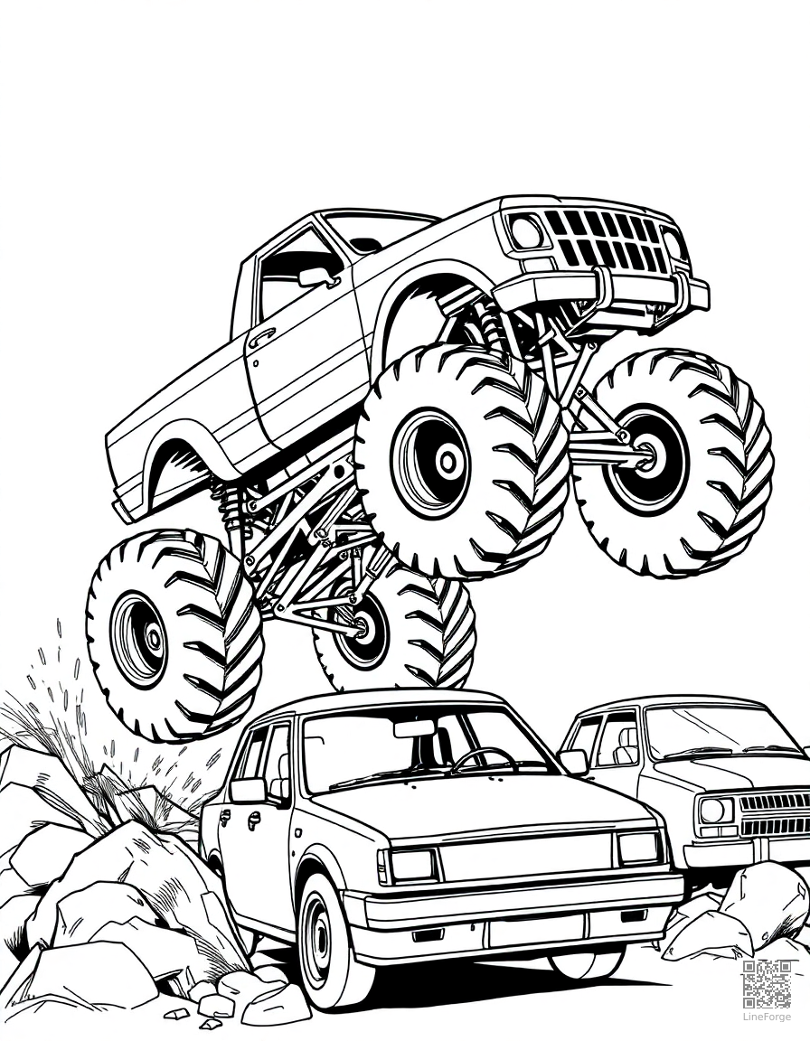 Monster truck jumping over cars coloring page Manga style - free printable