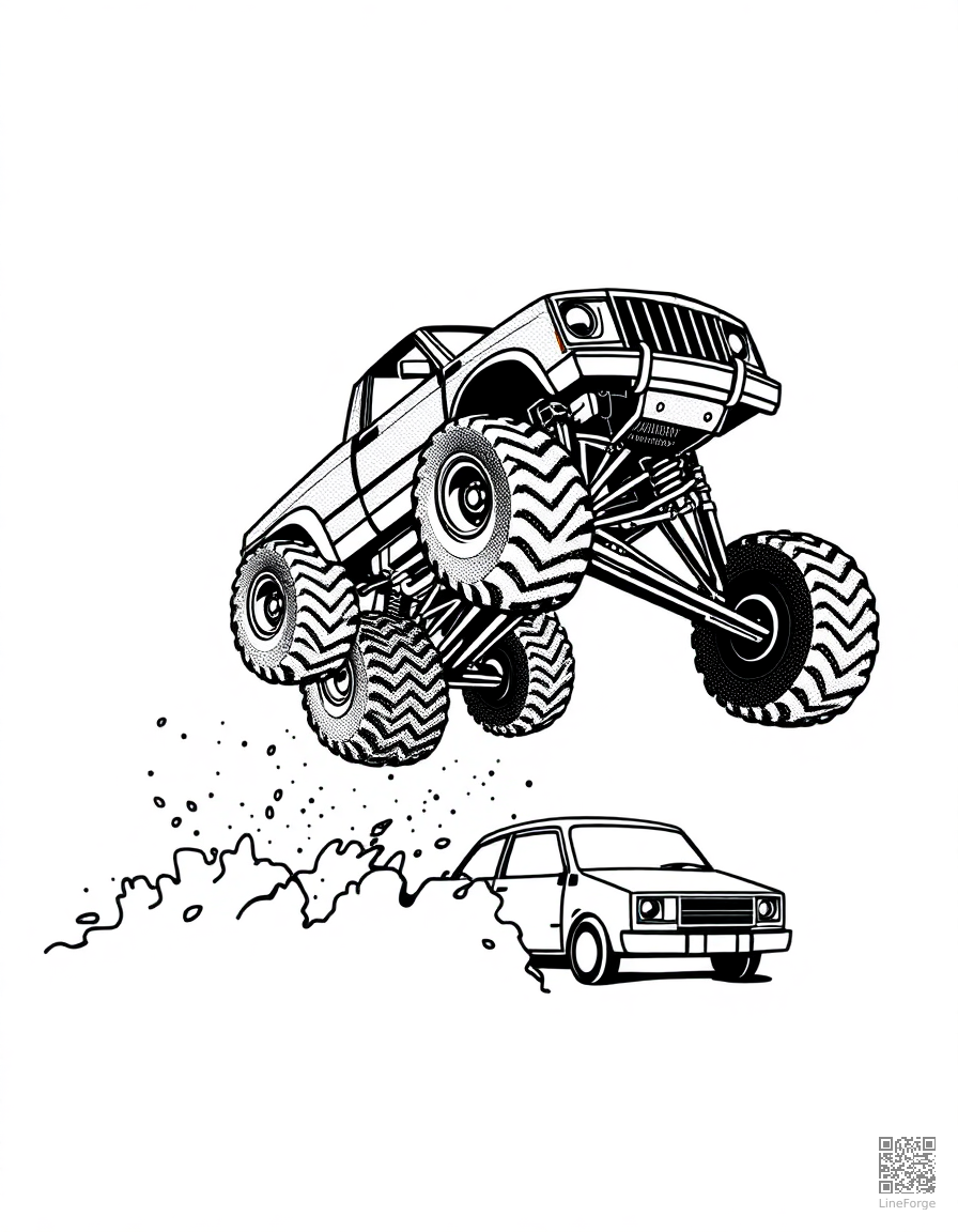 Monster truck jumping over cars coloring page Stipple style - free printable