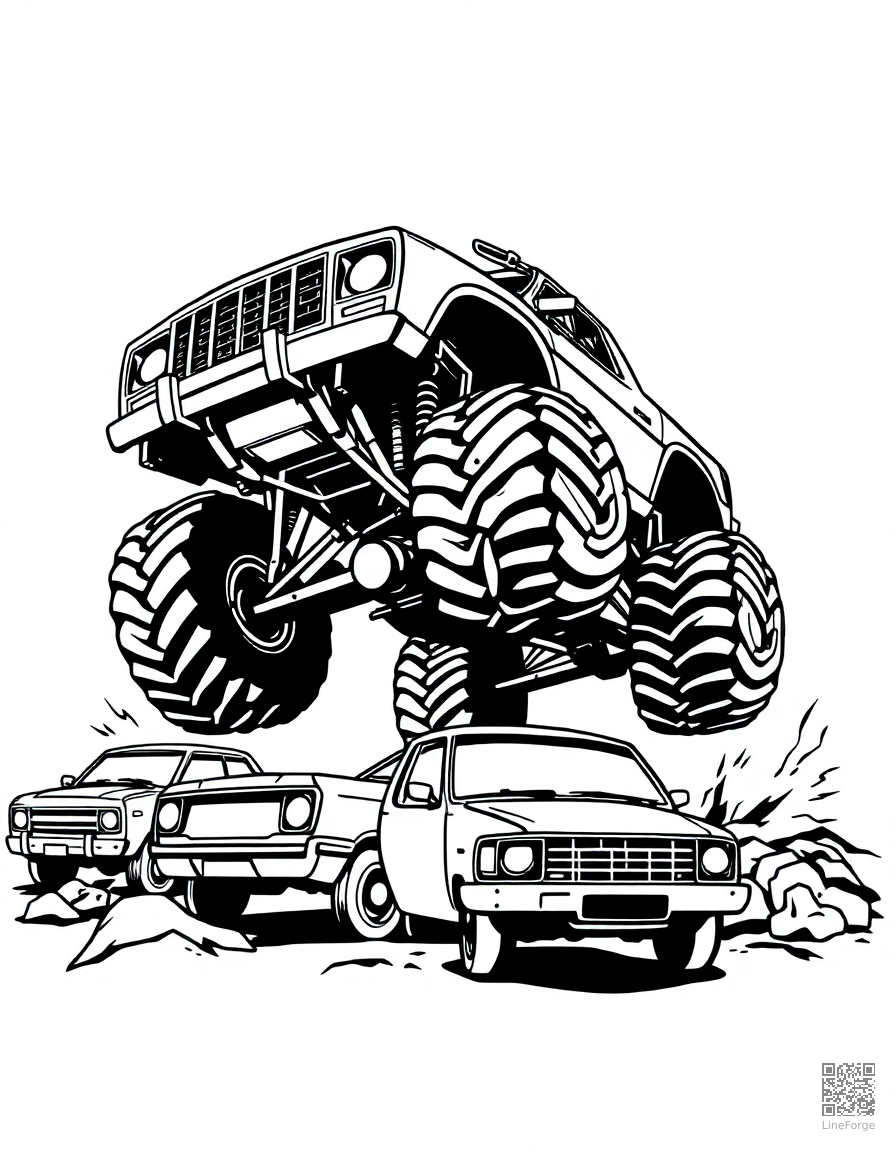 Monster truck jumping over cars coloring page Woodcut style - free printable
