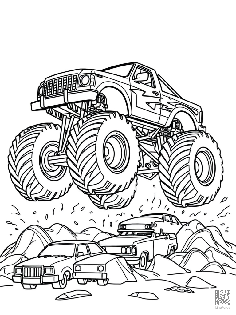 Monster truck with massive wheels jumping over cars coloring page Contour style - free printable
