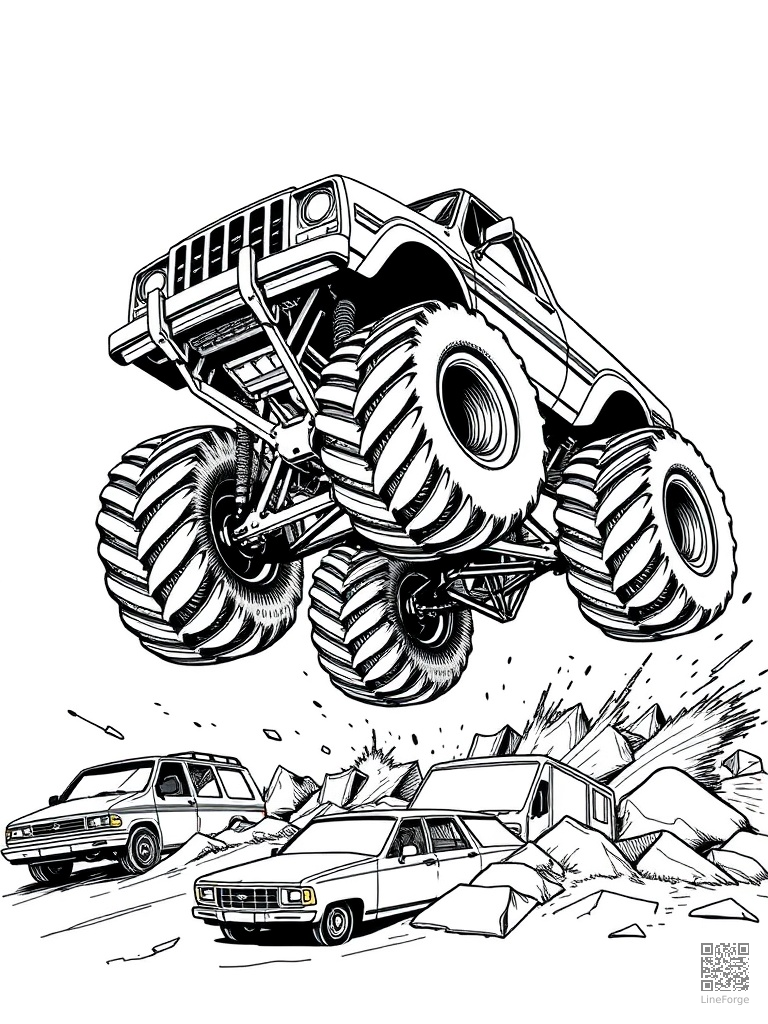 Monster truck with massive wheels jumping over cars coloring page Crosshatch style - free printable