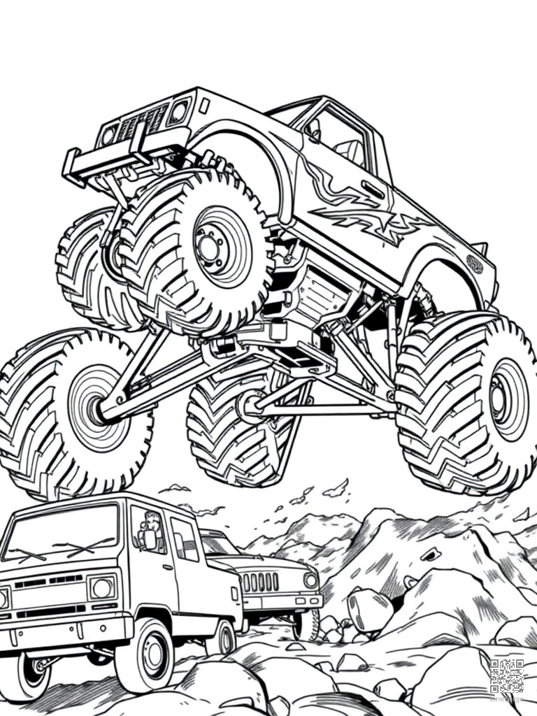 Monster truck with massive wheels jumping over cars coloring page Manga style - free printable