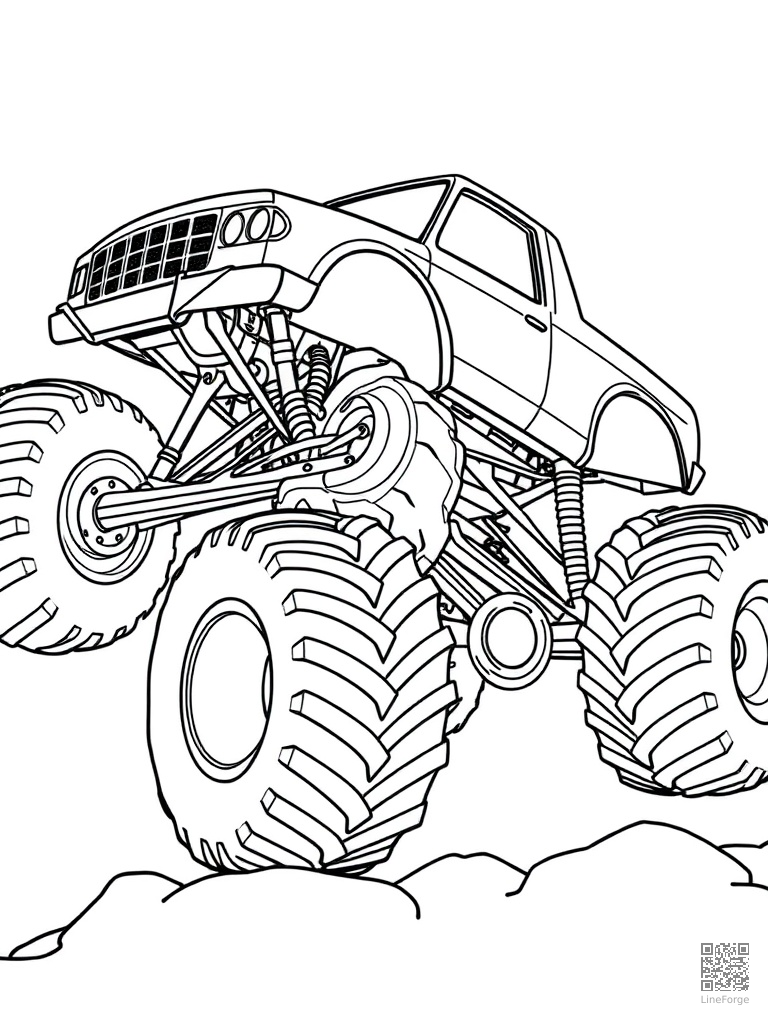 Monster truck with massive wheels jumping over cars coloring page Minimal style - free printable