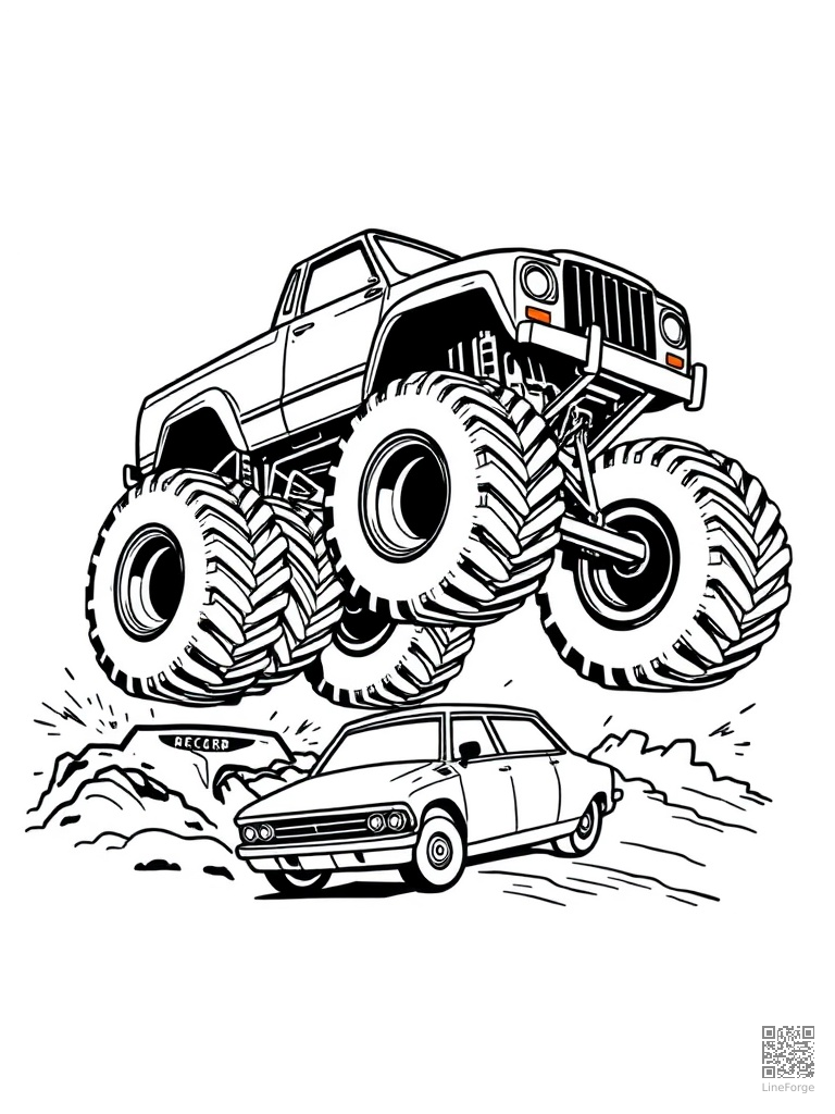 Monster truck with massive wheels jumping over cars coloring page Woodcut style - free printable