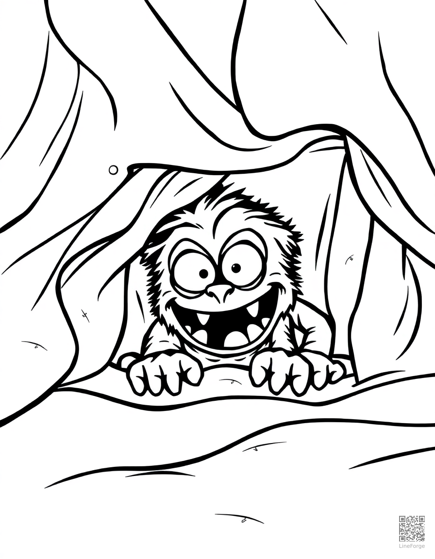 monster under the bed peeking out coloring page Contour style - free printable