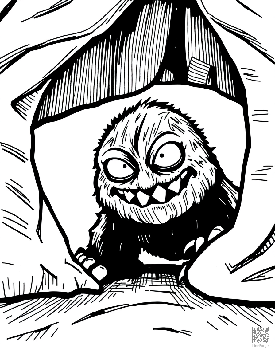 monster under the bed peeking out coloring page Crosshatch style - free printable