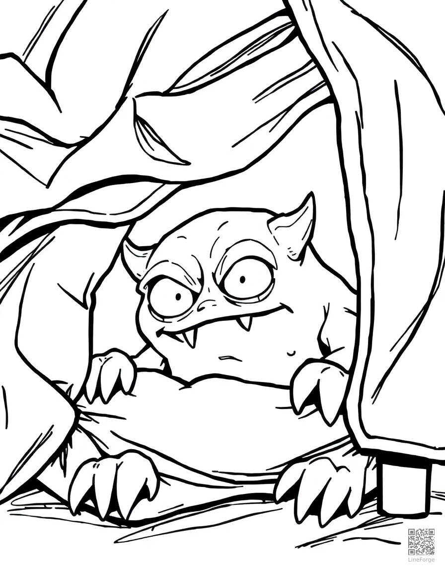 monster under the bed peeking out coloring page Manga style - free printable