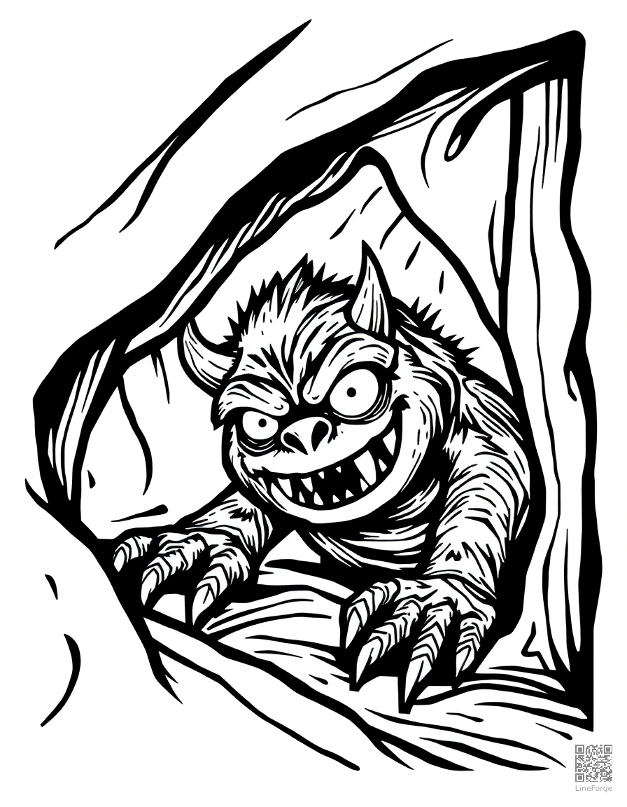 monster under the bed peeking out coloring page Woodcut style - free printable
