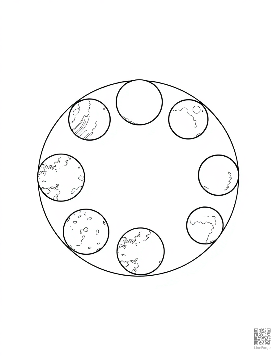 moon phases in a circular diagram coloring page Manga style - free printable