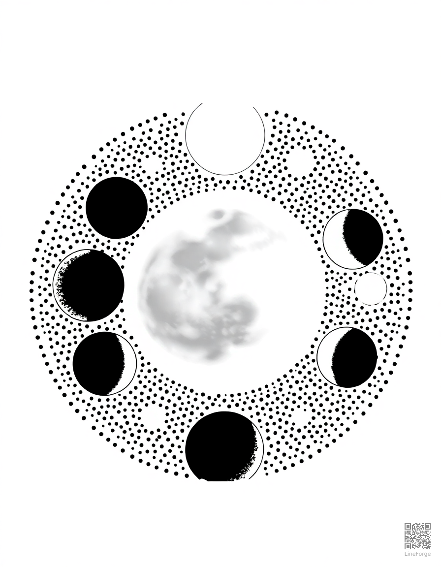 moon phases in a circular diagram coloring page Stipple style - free printable