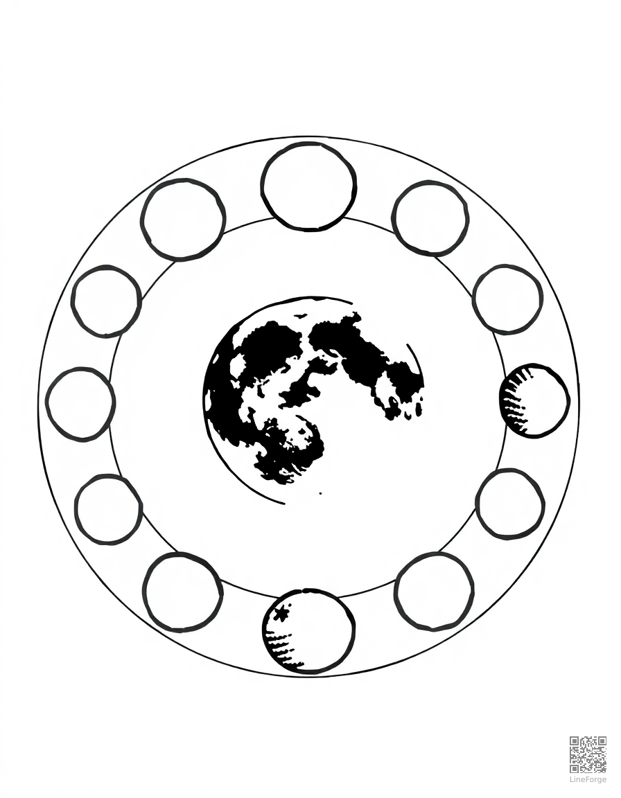 moon phases in a circular diagram coloring page Woodcut style - free printable