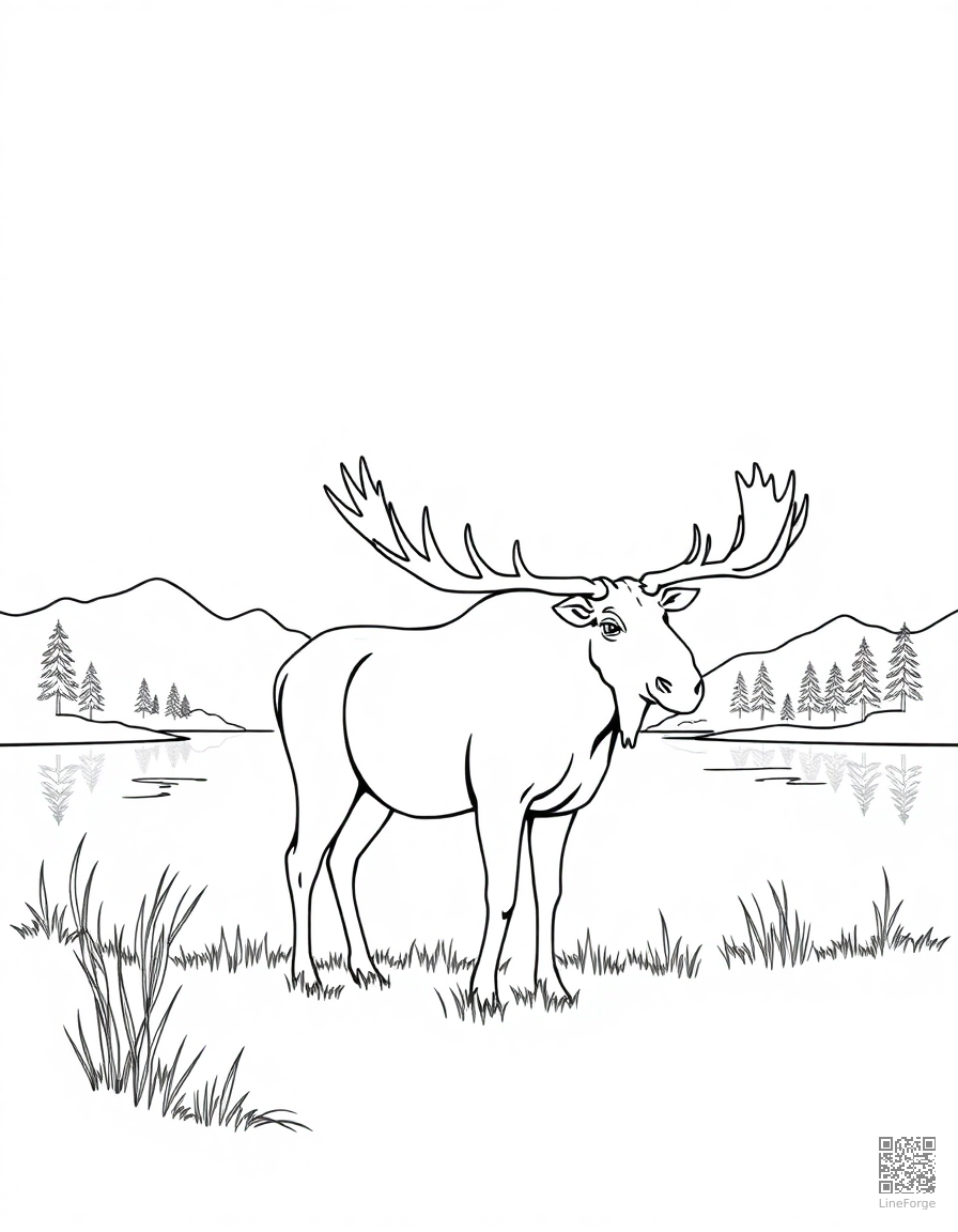 Free moose standing by a lake at dawn coloring page in contour style — printable line art