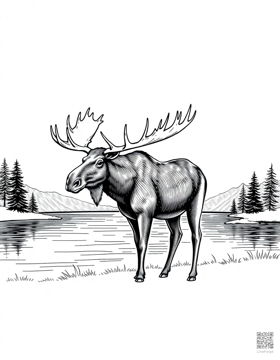 Free moose standing by a lake at dawn coloring page in crosshatch style — printable line art