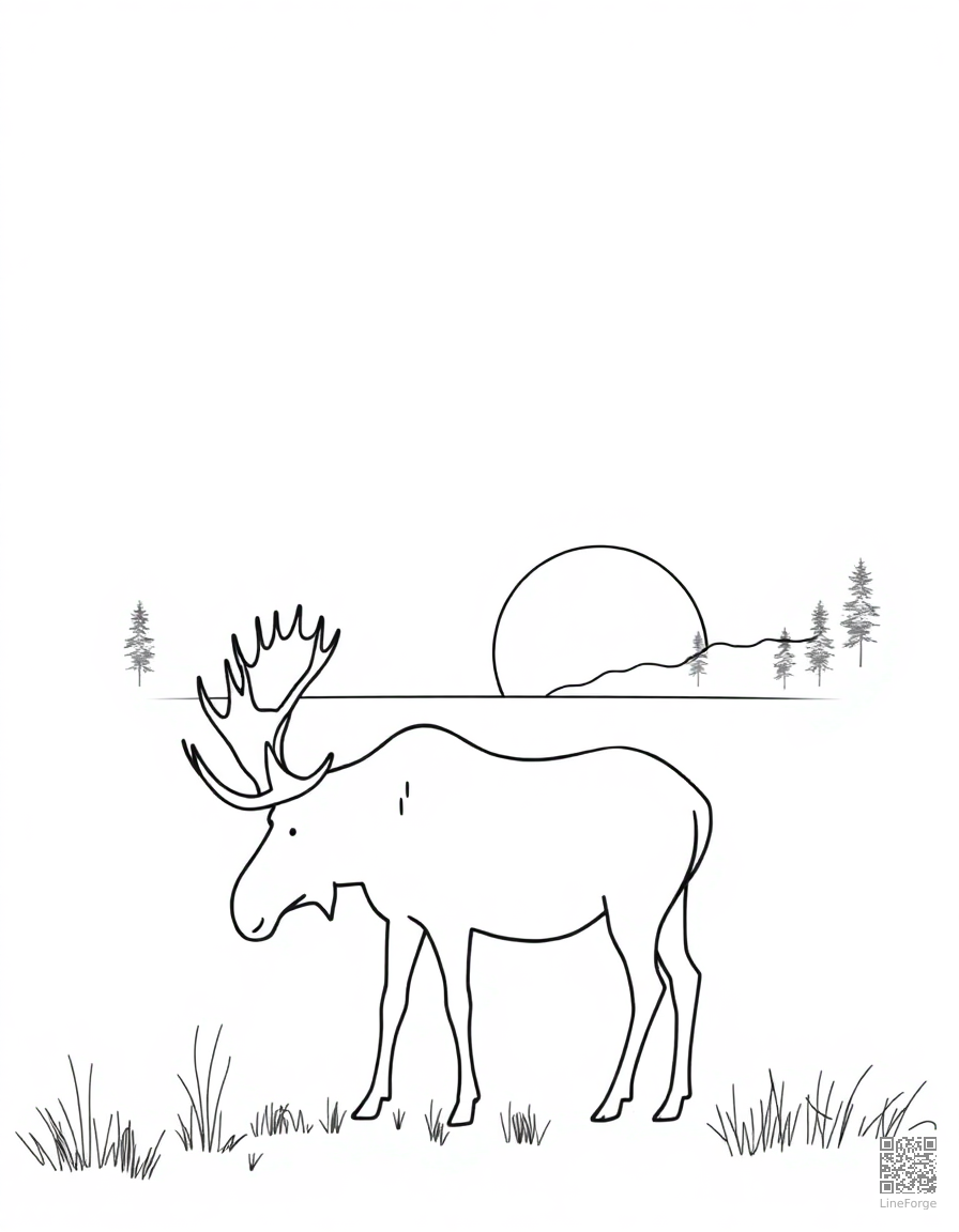 Free moose standing by a lake at dawn coloring page in minimal style — printable line art