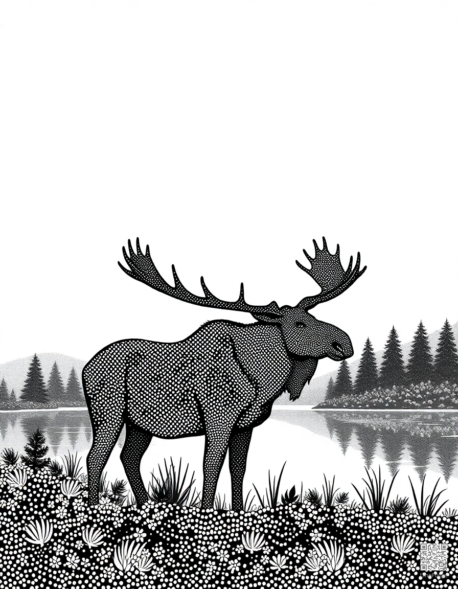 Free moose standing by a lake at dawn coloring page in stipple style — printable line art