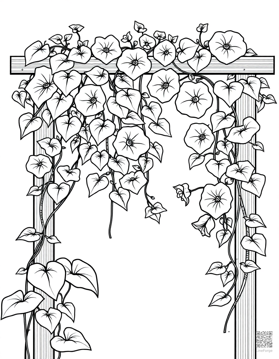 Free morning glory vines climbing a trellis coloring page in contour style — printable line art