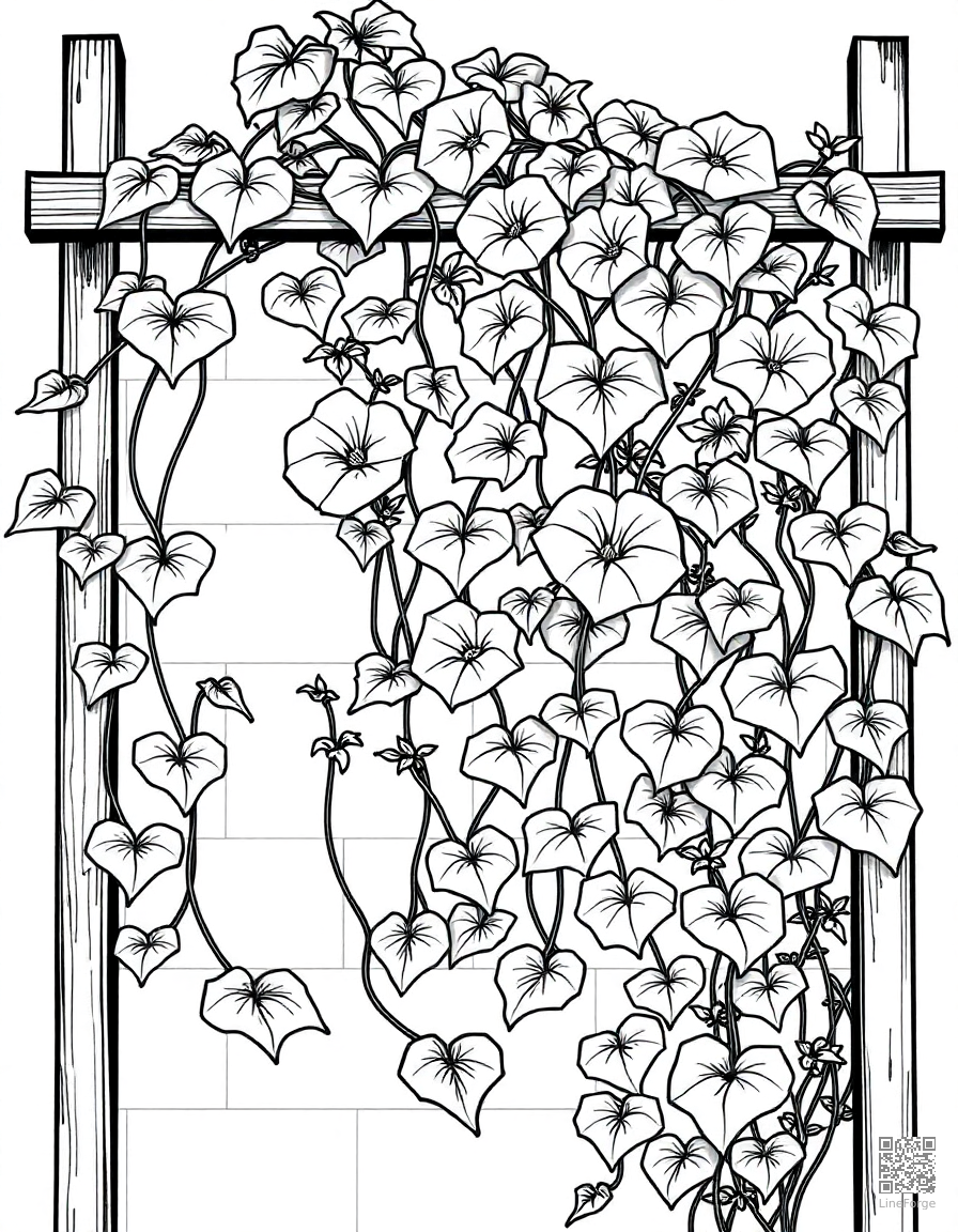 Free morning glory vines climbing a trellis coloring page in manga style — printable line art