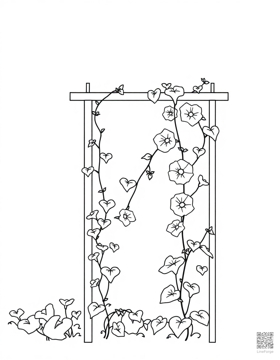 Free morning glory vines climbing a trellis coloring page in minimal style — printable line art