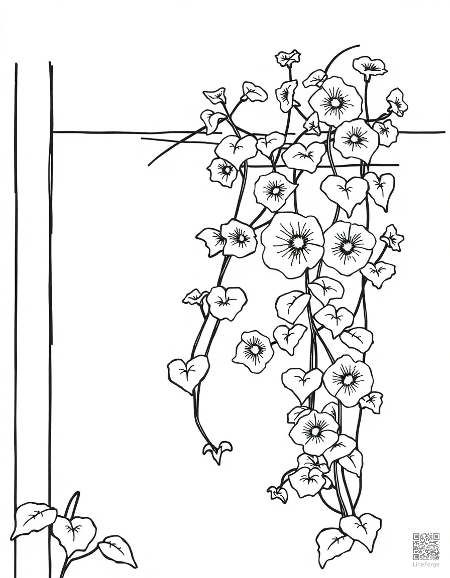 morning glory vines climbing a trellis coloring page Stipple style free printable
