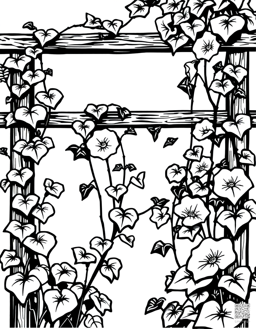 Free morning glory vines climbing a trellis coloring page in woodcut style — printable line art