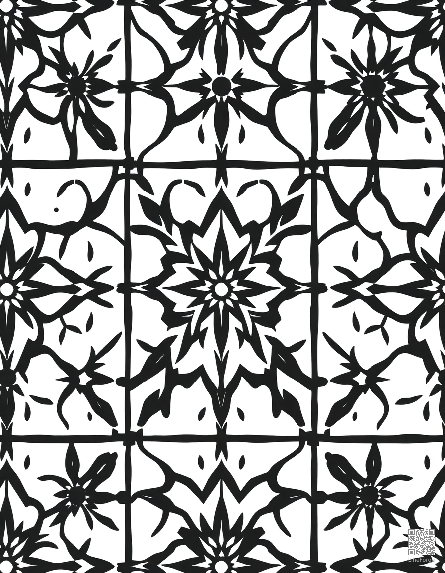 moroccan tile mosaic repeating pattern coloring page Woodcut style - free printable