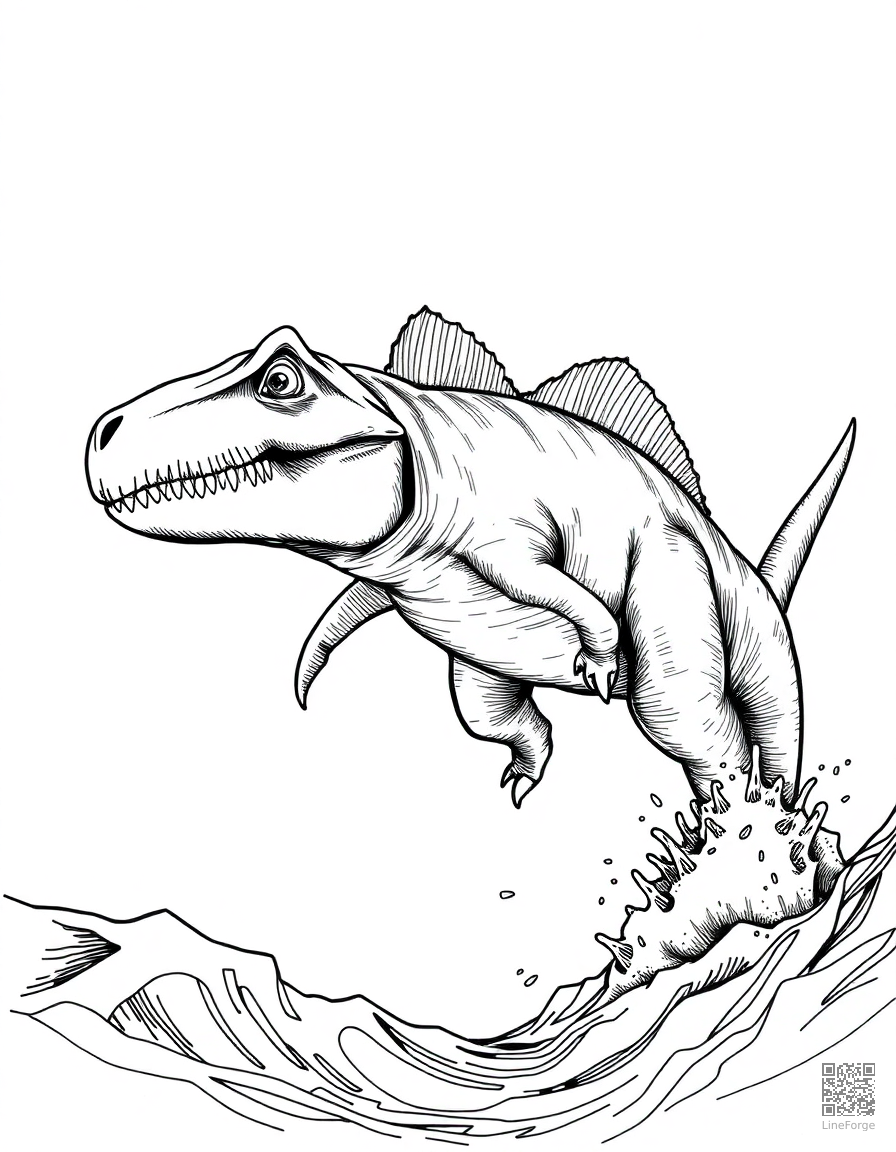 mosasaurus leaping out of the ocean coloring page Crosshatch style - free printable