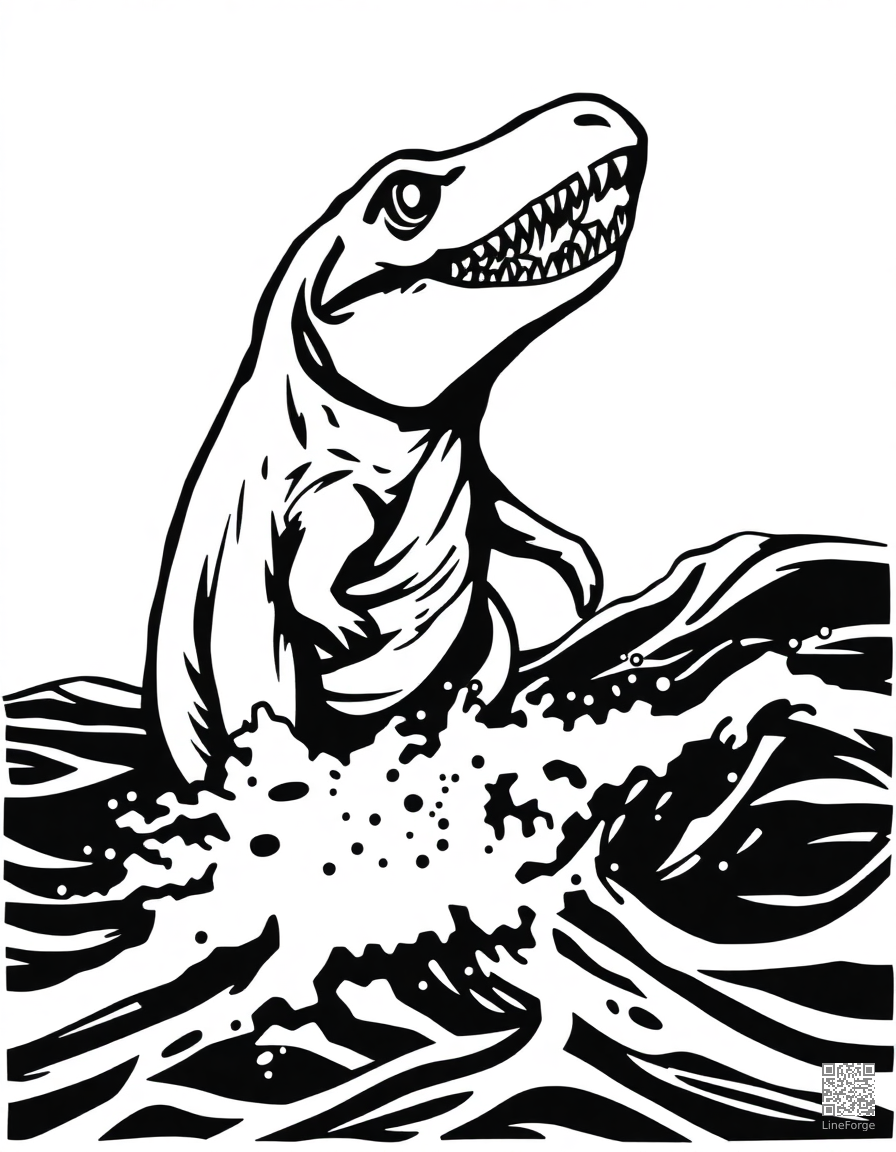 mosasaurus leaping out of the ocean coloring page Woodcut style - free printable