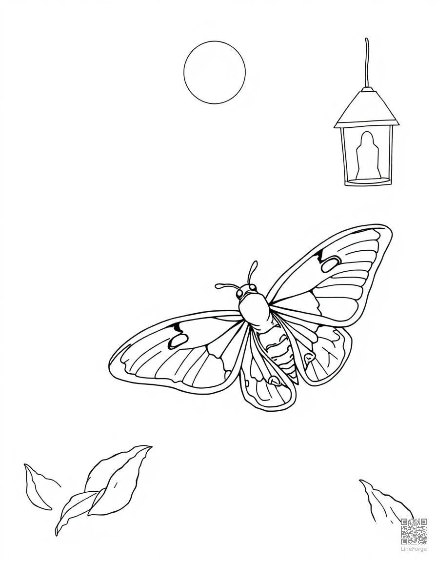 Free moth flying toward a lantern at night coloring page in contour style — printable line art