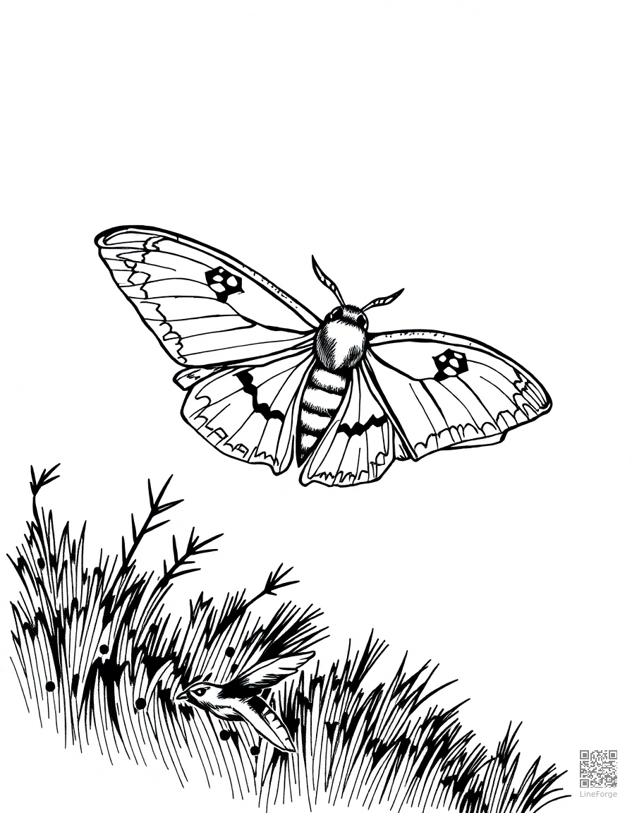 moth flying toward a lantern at night coloring page Crosshatch style - free printable