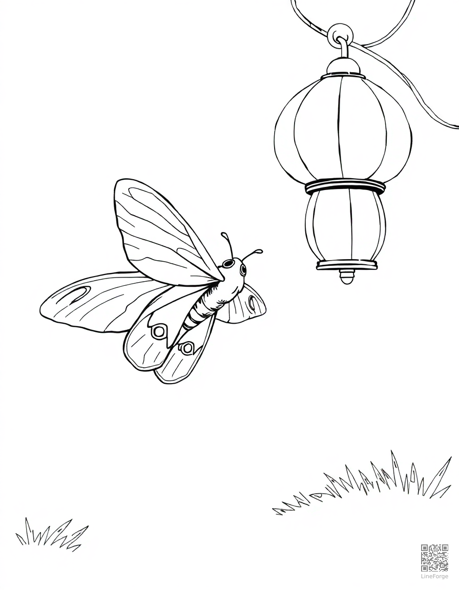 Free moth flying toward a lantern at night coloring page in manga style — printable line art