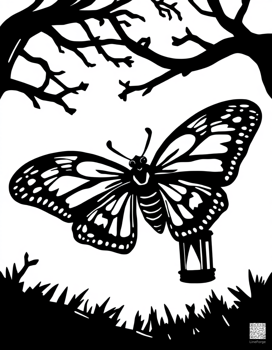 moth flying toward a lantern at night coloring page Woodcut style - free printable