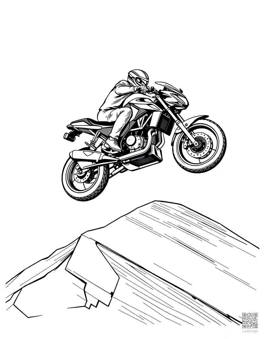 motorcycle jumping over a ramp coloring page Crosshatch style - free printable