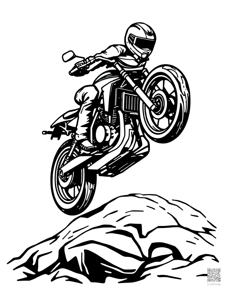motorcycle jumping over a ramp coloring page Woodcut style - free printable