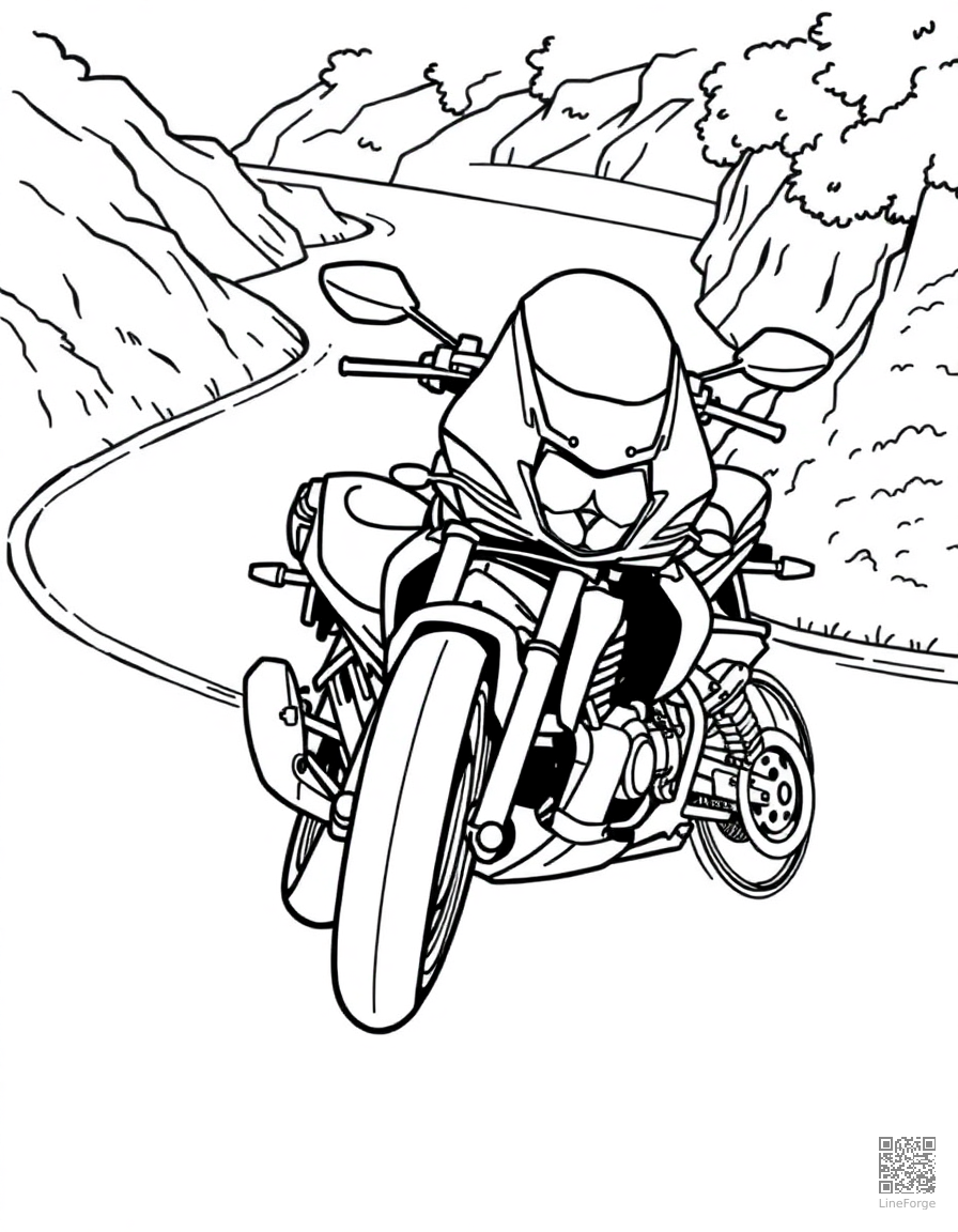 Motorcycle on a winding road coloring page Contour style - free printable