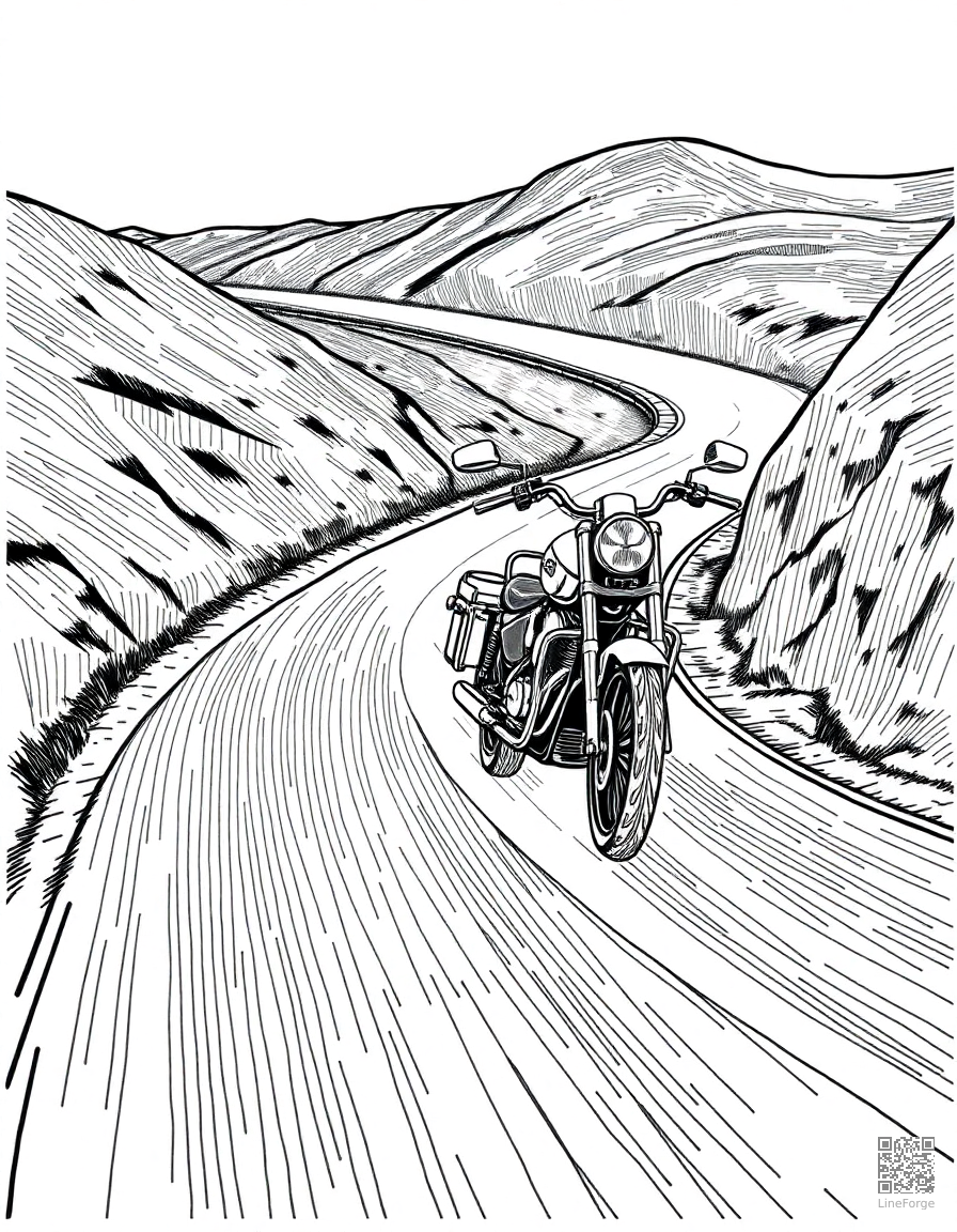 Motorcycle on a winding road coloring page Crosshatch style - free printable