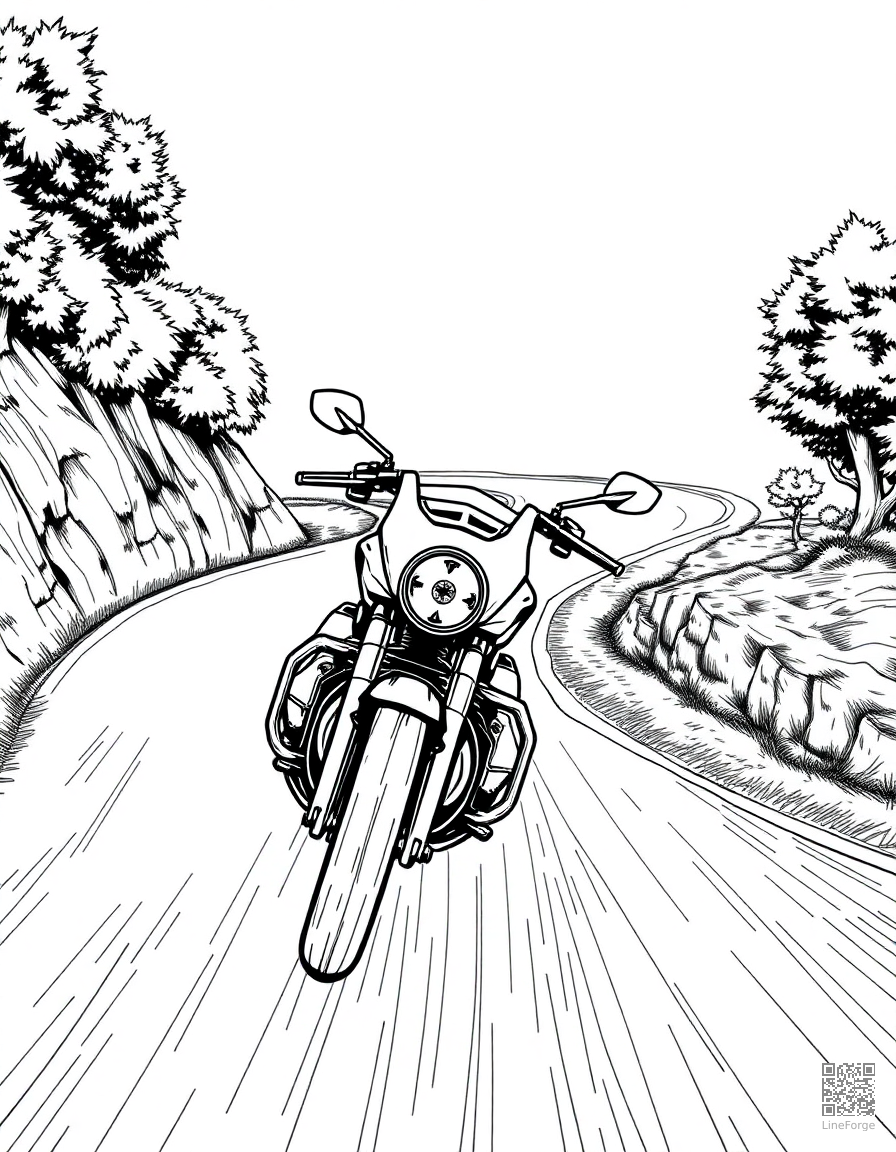 Motorcycle on a winding road coloring page Manga style - free printable