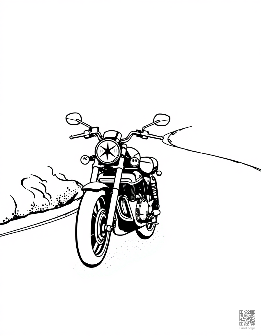 Motorcycle on a winding road coloring page Stipple style - free printable