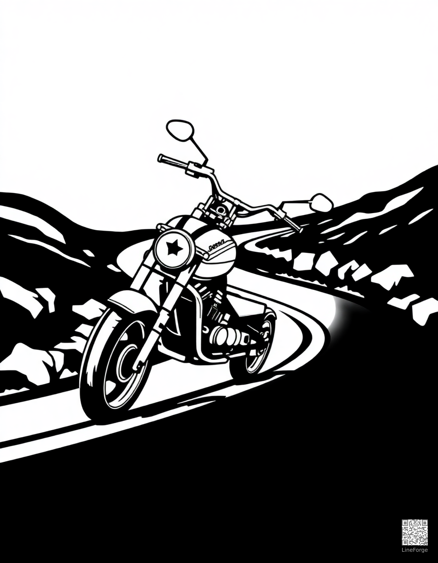 Motorcycle on a winding road coloring page Woodcut style - free printable