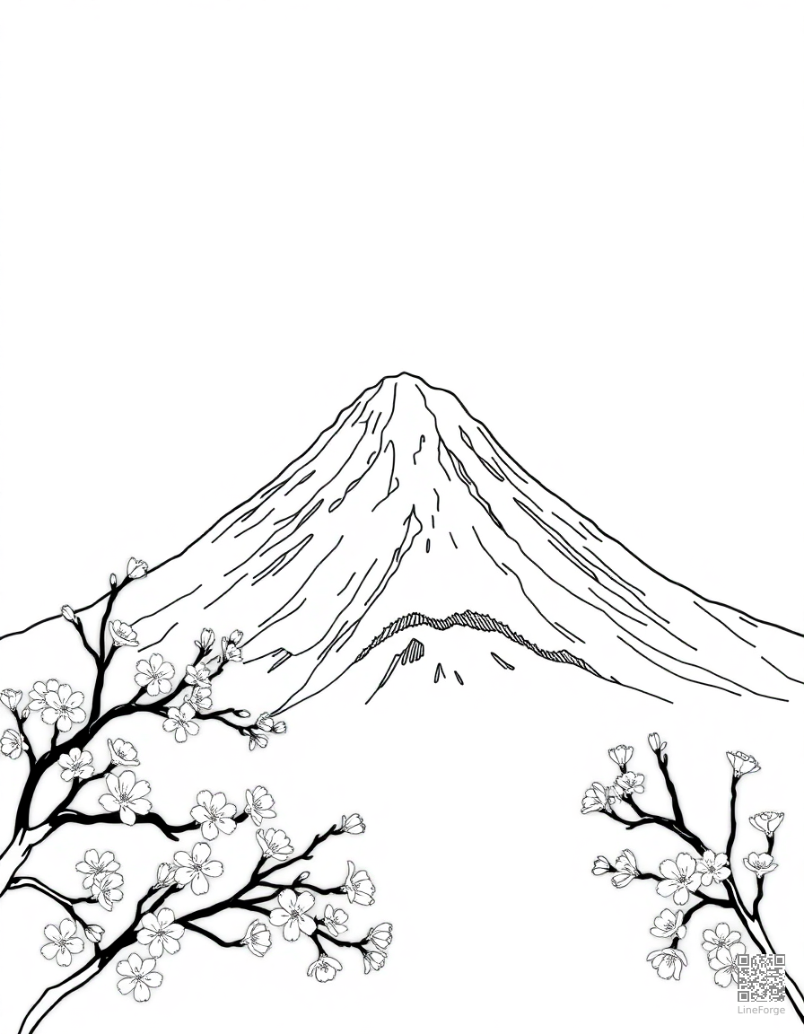 Free mount fuji with cherry blossoms coloring page in contour style — printable line art