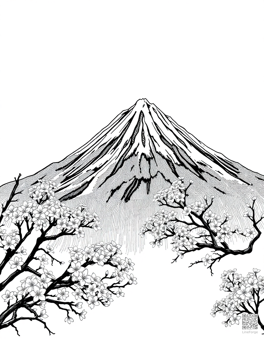 Free mount fuji with cherry blossoms coloring page in crosshatch style — printable line art