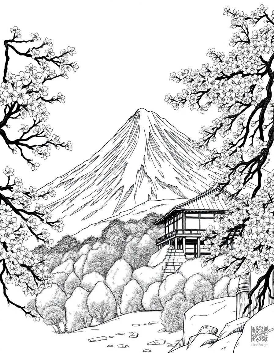 Free mount fuji with cherry blossoms coloring page in manga style — printable line art