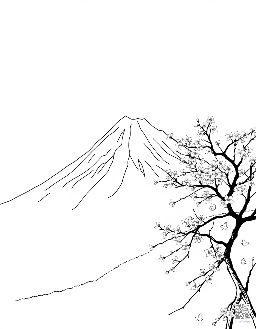 Free mount fuji with cherry blossoms coloring page in minimal style — printable line art