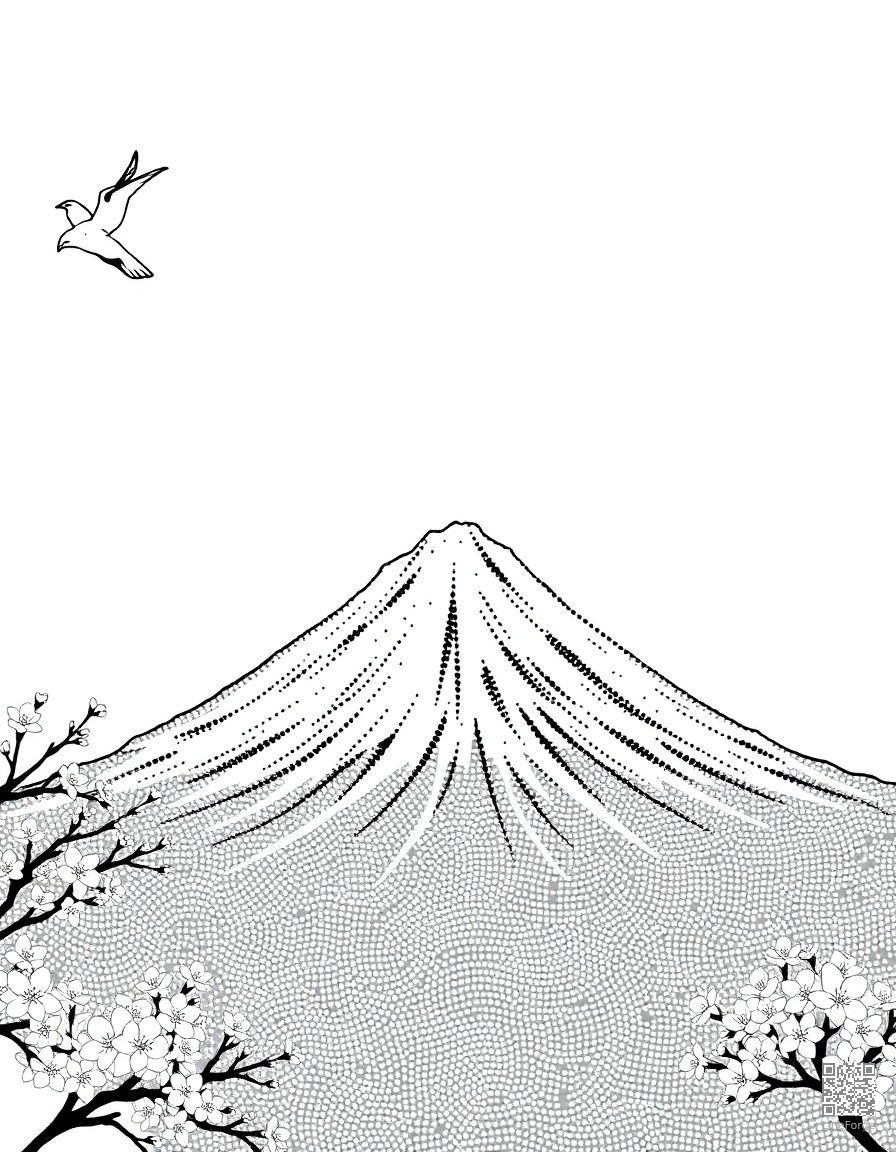 Free mount fuji with cherry blossoms coloring page in stipple style — printable line art