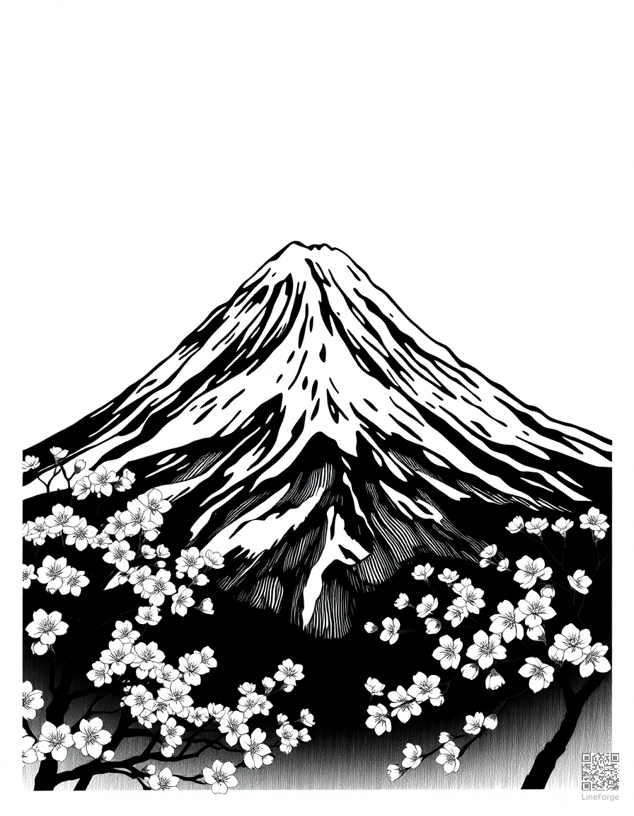 Free mount fuji with cherry blossoms coloring page in woodcut style — printable line art