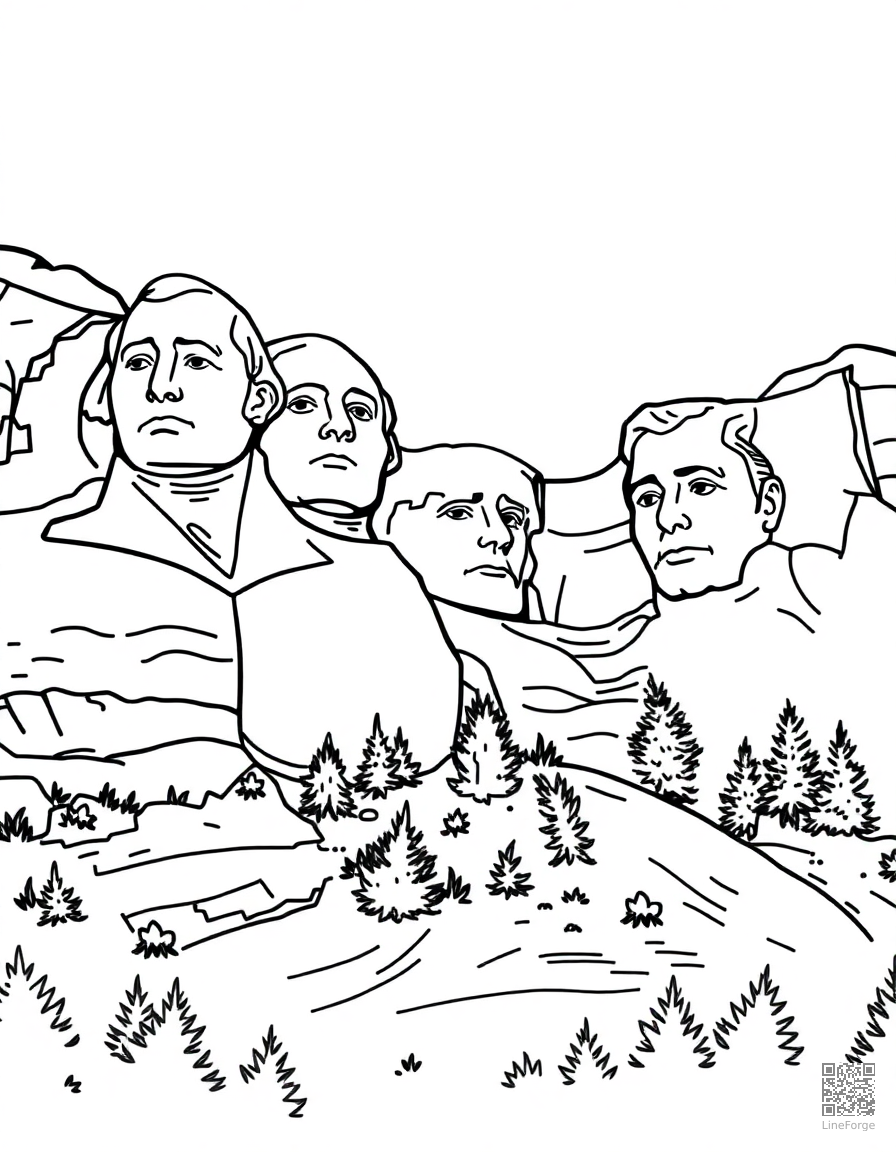 Free mount rushmore with presidents faces coloring page in contour style — printable line art