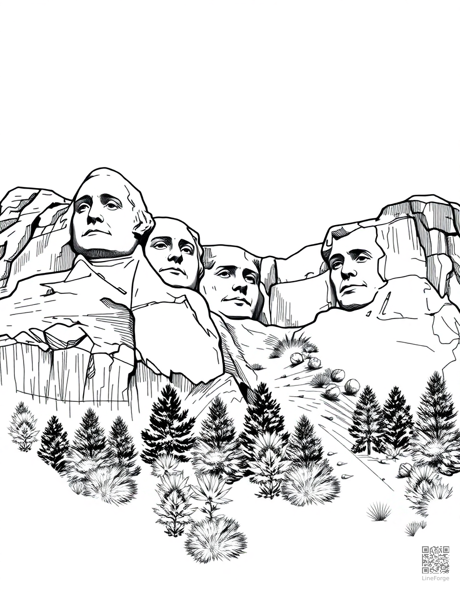 mount rushmore with presidents faces coloring page Crosshatch style free printable